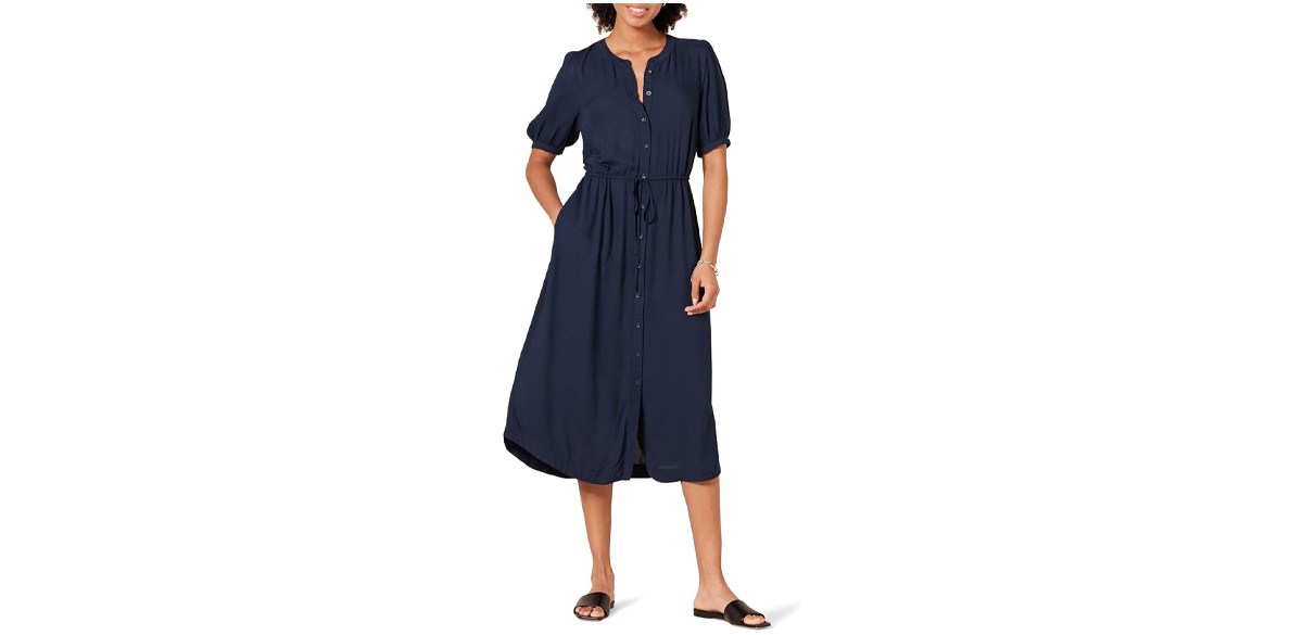Amazon Essentials Women's Relaxed Fit Half-Sleeve Waisted Midi A-Line Dress Amazon Essentials Women's Relaxed Fit Half-Sleeve Waisted Midi A-Line Dress