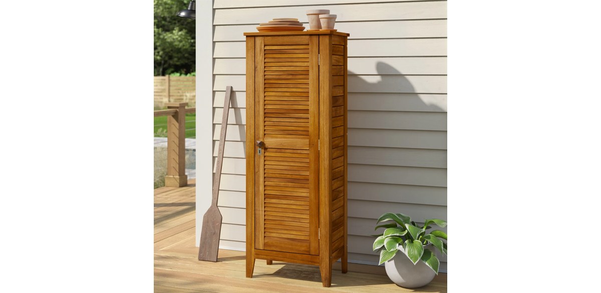 Beachcrest Home Anjenette Water-Resistant Solid Wood Acacia Lockable Cabinet