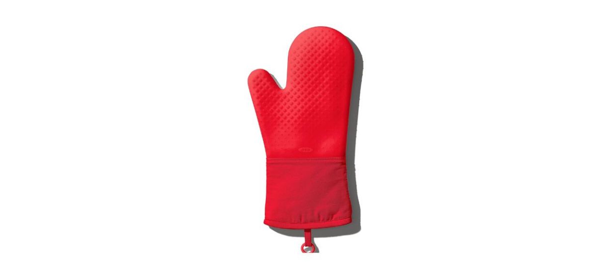 Best OXO Good Grips Silicone Oven Mitt in a bright red shade called &quot;Jam&quot;