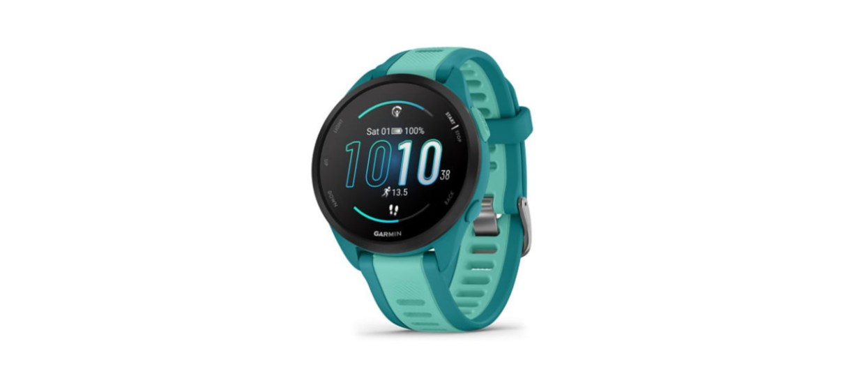 Teal Garmin Forerunner 165 Music on white background