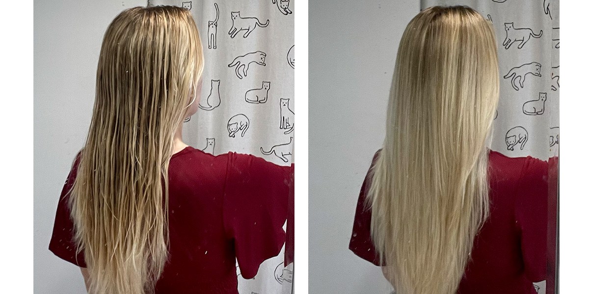 Before and after image of wet hair and hair styled with the T3 Featherweight StyleMax Hair Dryer Before and after image of wet hair and hair styled with the T3 Featherweight StyleMax Hair Dryer