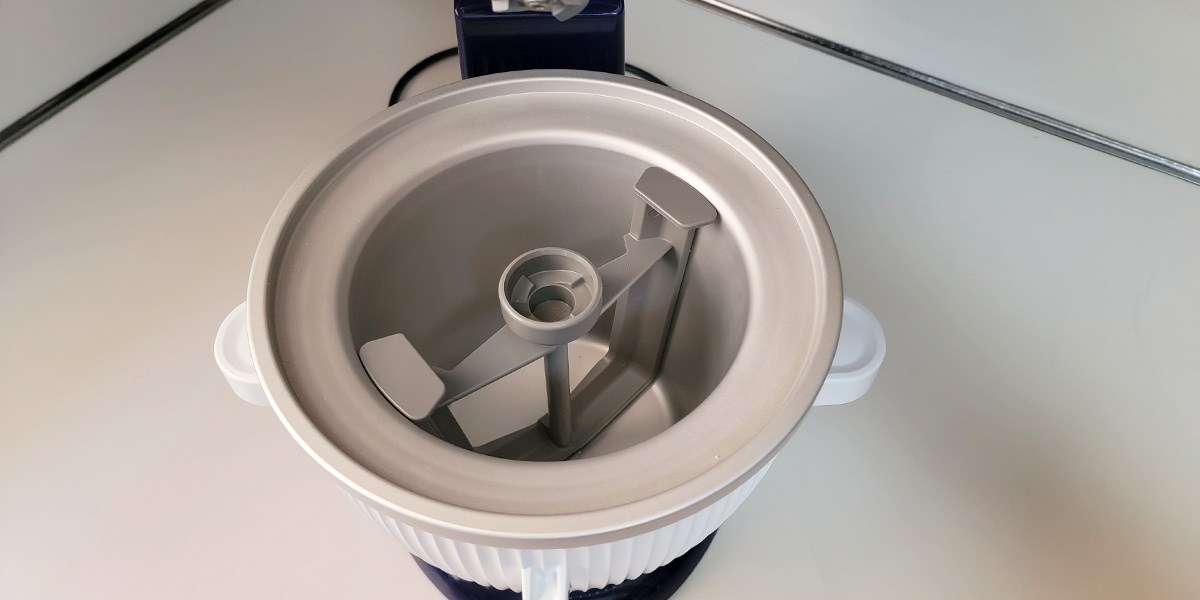 KitchenAid Ice Cream Maker Attachment bowl on kitchen counter KitchenAid Ice Cream Maker Attachment bowl on kitchen counter