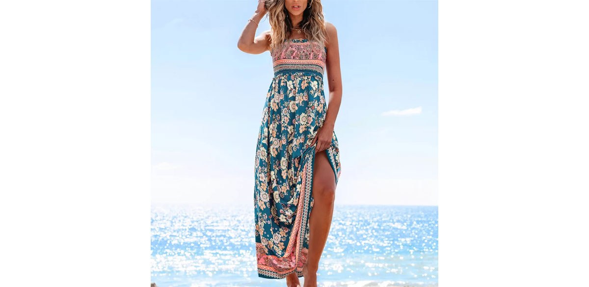 Cupshe Women's Boho Chic Floral Print Maxi Dress with Smocked Bodice