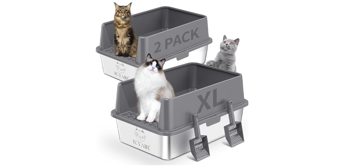 ICYAIR 2PACK Stainless Steel Cat Litter Box with High Sides