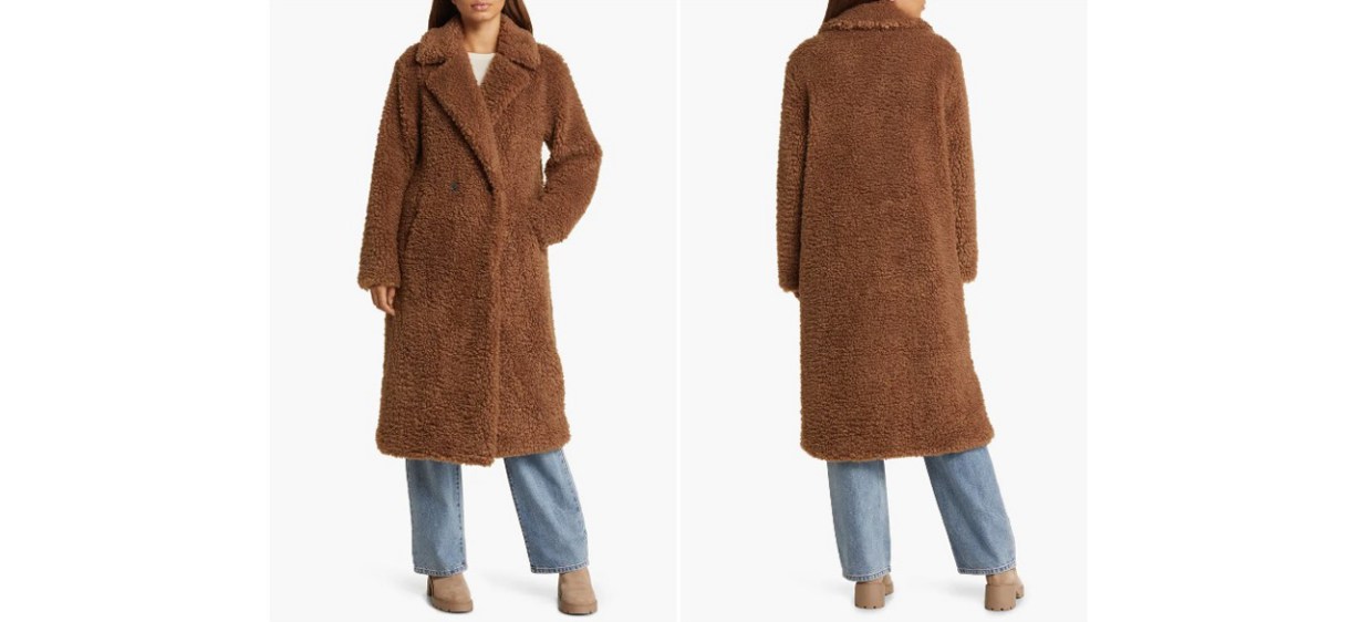 Bernardo Faux Shearling Double Breasted Longline Coat