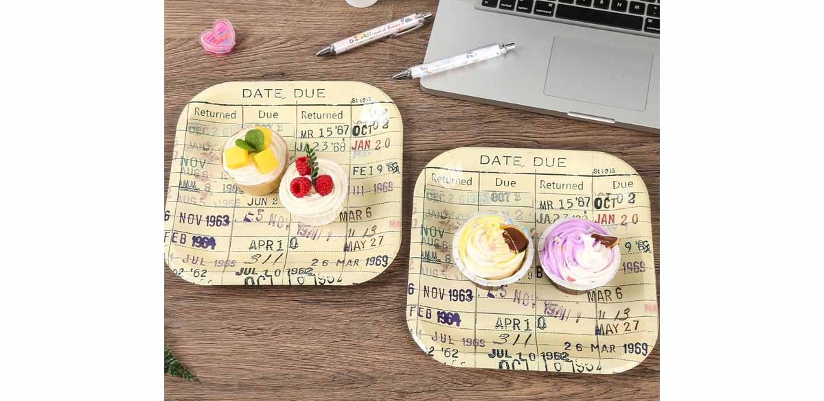 60pcs Vintage Due Date Card Book Club Paper Plates