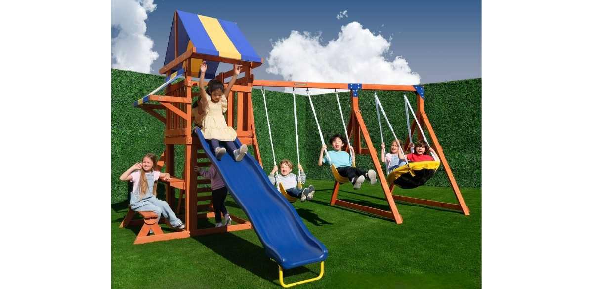 Sportspower Willow Creek Wooden Swing Set with Saucer Swing, Play Fort