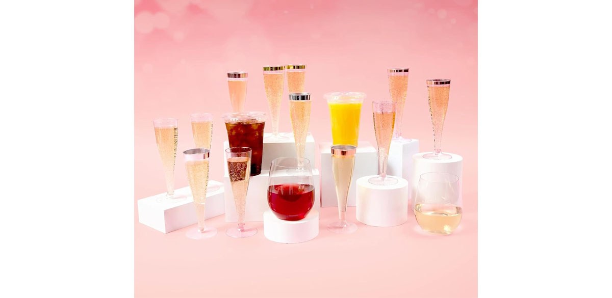  Prestee 24 Disposable Plastic Champagne Flutes With Gold Rim Glitter