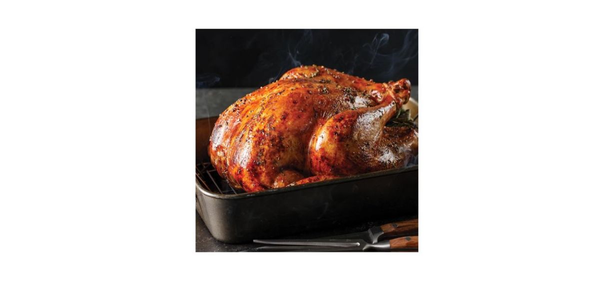 Omaha Steaks Whole Basted Turkey (10-Pound) in a roasting pan