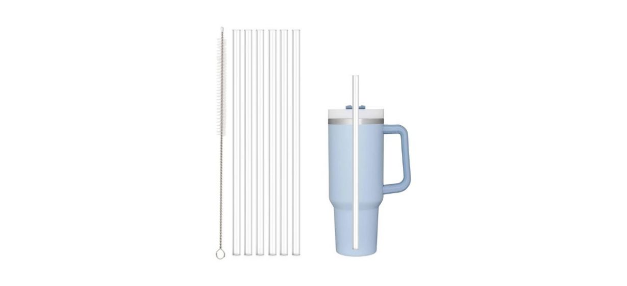 Beonsky Reusable Straws With Cleaning Brush next to a blue Stanley tumbler