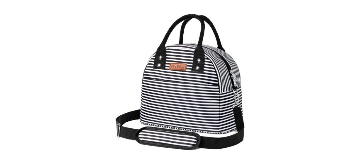 Tiblue Reusable Insulated Cooler Lunch Bag with black and white stripes