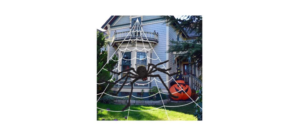 A giant triangular spider web with a large fake spider on it.