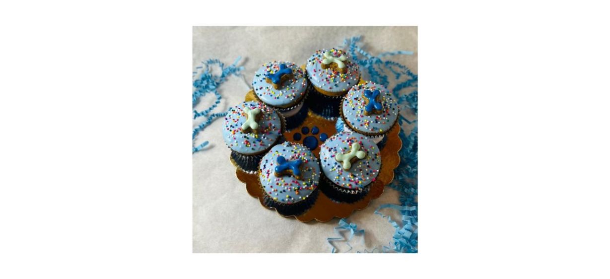 My Best Friend Bakery Mini Dog Cupcakes, blue frosting with bone designs on top