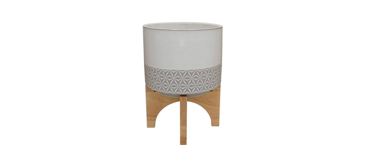 Best Rivet Mid-Century Stoneware Planter with Wood Stand