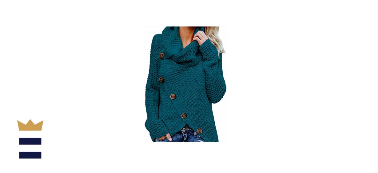 BLENCOT Women's Casual Cowl Neck Asymmetric Button Wrap Hem Pullover Sweater