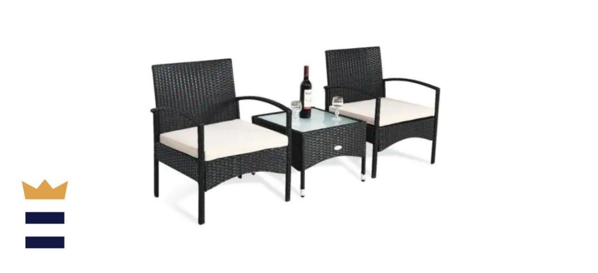 Costway Black Three-Piece Rattan Wicker Patio Conversation Set Table and Two Chairs with Beige Cushions