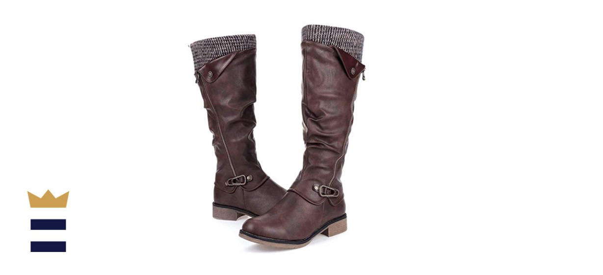 Gracosy Leather Flat Heel Riding Boots