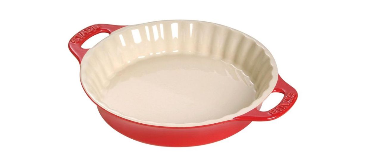 Staub Ceramic 9-inch Pie Dish on white background, in color &quot;cherry&quot;