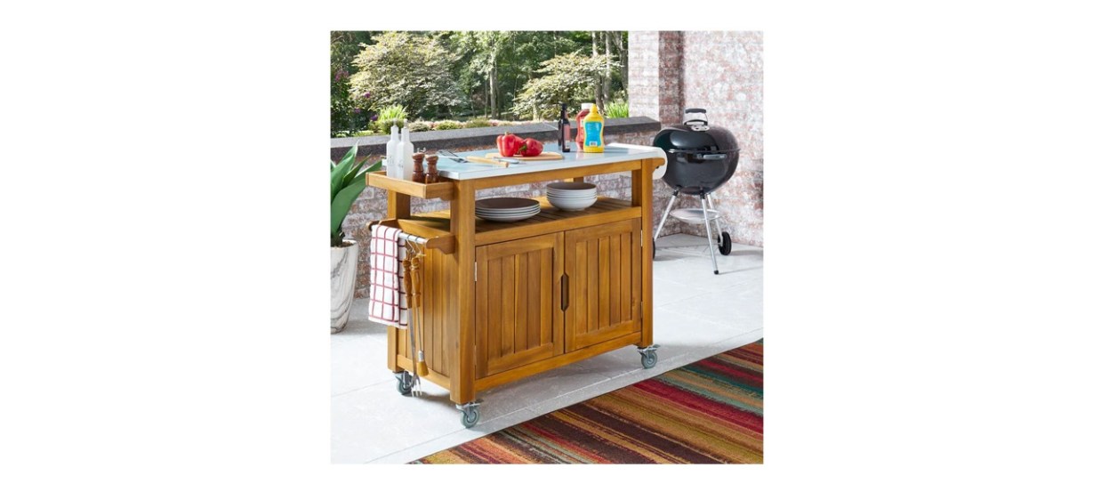 Homestyles Maho Golden Brown Teak Outdoor Barbeque Cart Serving Bar