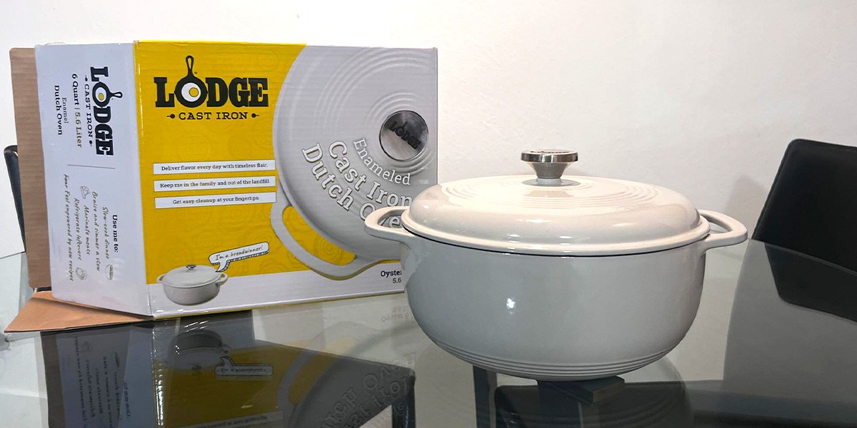 Lodge 6-Quart Enameled Cast Iron Dutch Oven next to product box