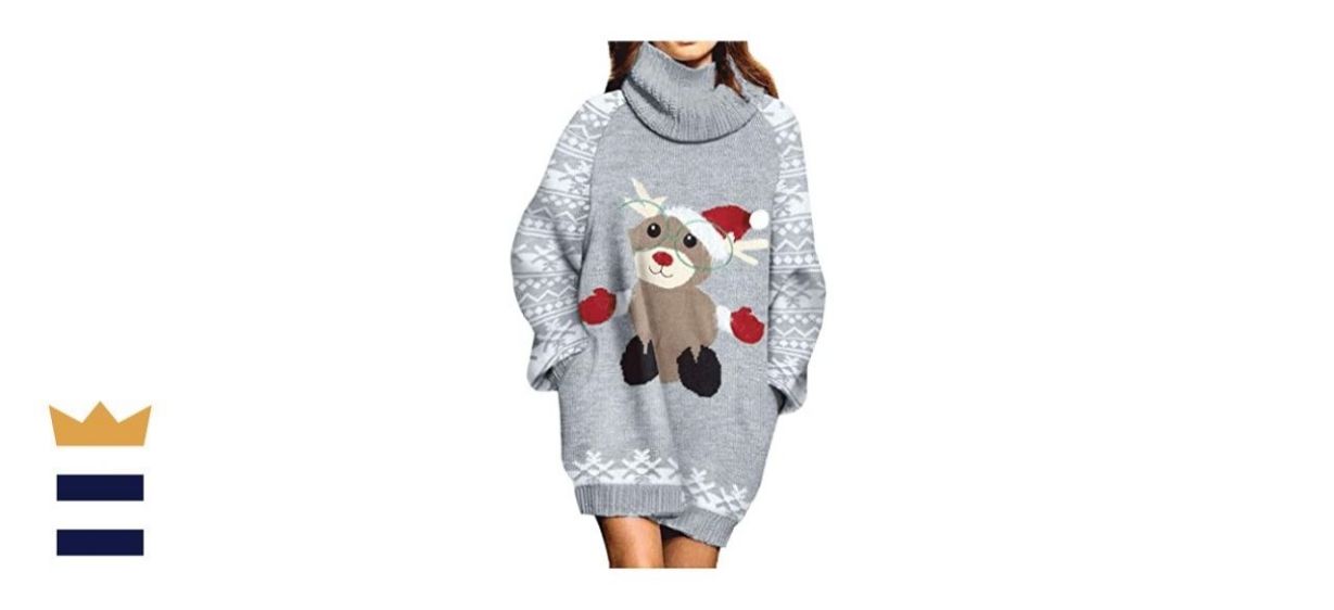 Pink Queen Loose Print Christmas Sweater Dress
