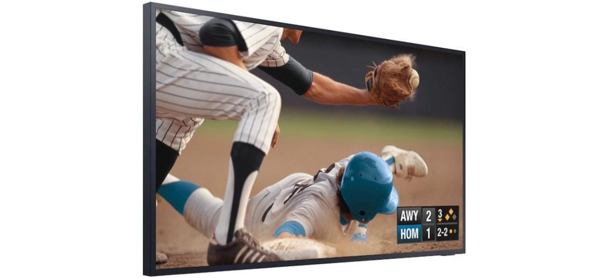 Samsung 75 Class The Terrace Full Sun QLED 4K featuring baseball game on white background