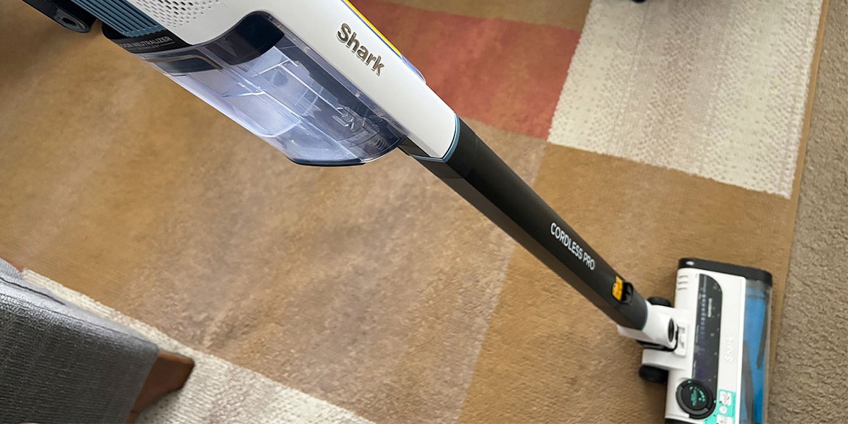 Shark Cordless Pro cleaning colorblock area rug