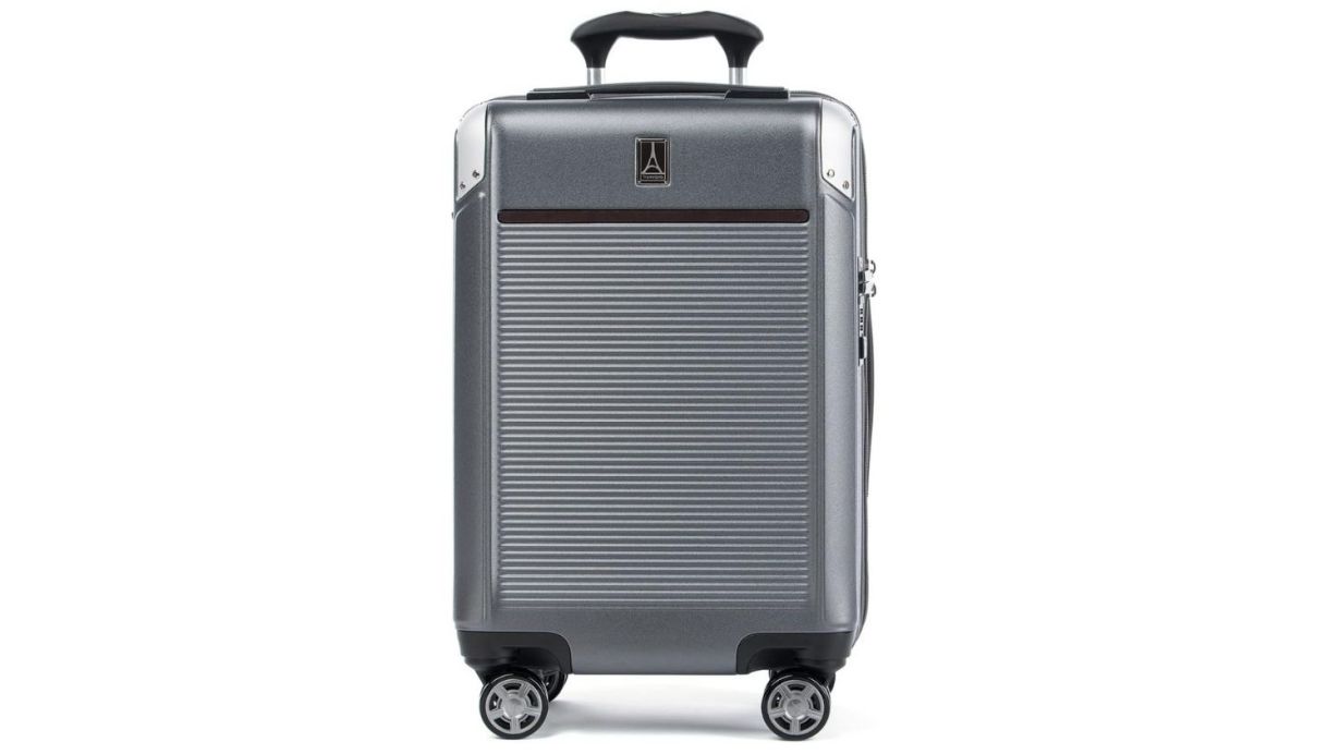 grey suitcase on white background