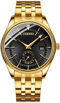 Fanmis Men's Luxury Analog Quartz Black Dial Gold Watch